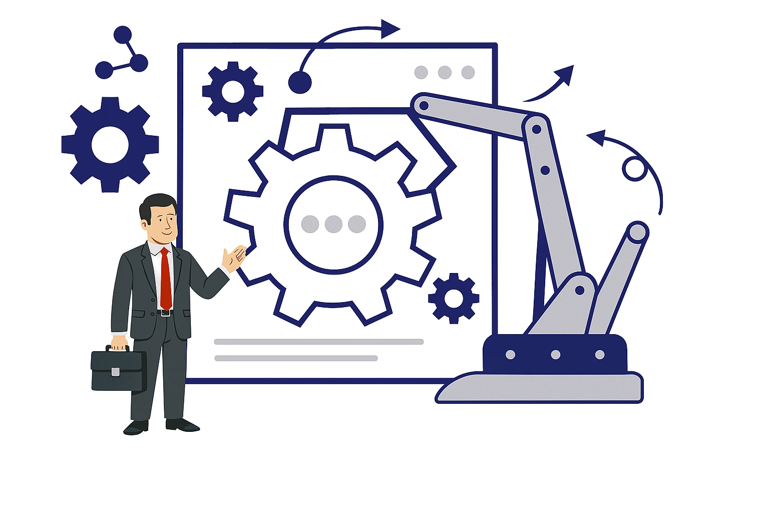 Business-Experte zeigt auf Industrie-Roboterarm vor digitalem Zahnradsystem – Visualisierung individueller RPA-Lösungen zur Automatisierung von Kanzleiabläufen.