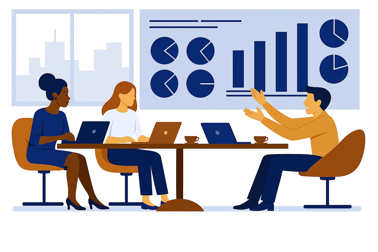 Teammeeting in Steuerkanzlei mit Fokus auf Datenanalyse und Prozessoptimierung – Bildschirm zeigt Diagramme zu RPA-Strategien und automatisierten Workflows.