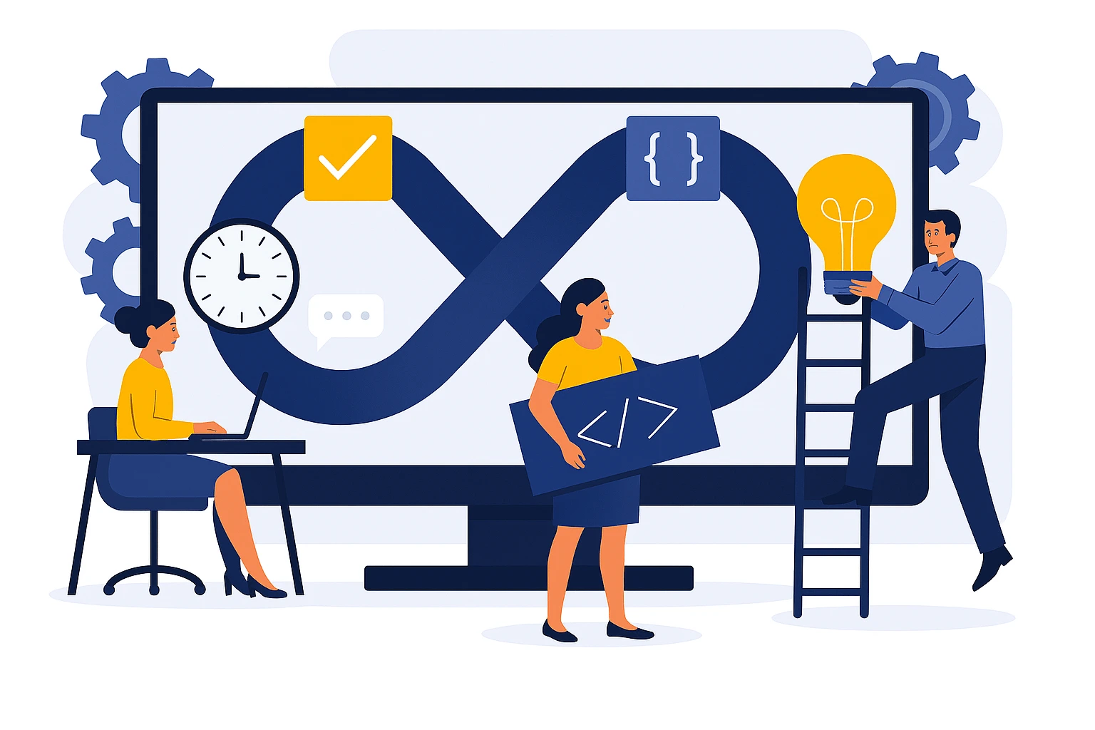 Team entwickelt RPA-Prozesse mit Infinity-Loop, Code-Symbolen und Zahnrädern – Darstellung der persönlichen Begleitung bei der digitalen Transformation von Steuerkanzleien.